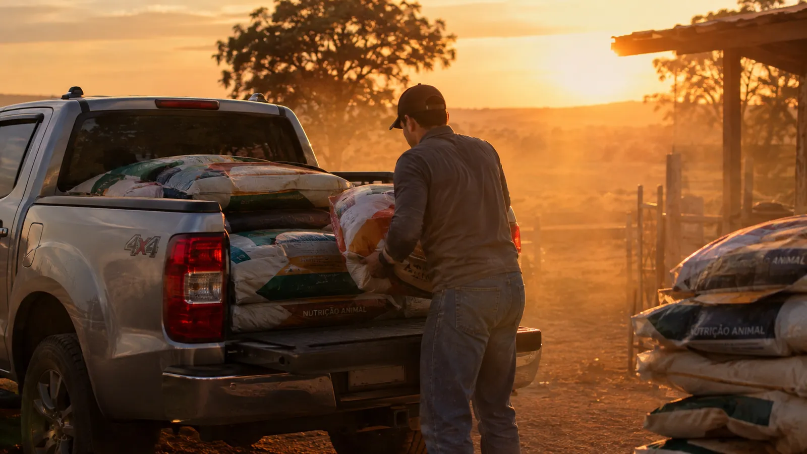Produtor carregando sacos de ração na caminhonete ao pôr do sol