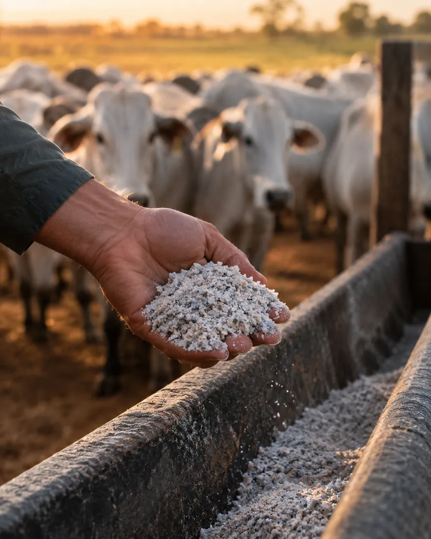 Mão do produtor colocando sal mineral no cocho, gado nelore ao fundo